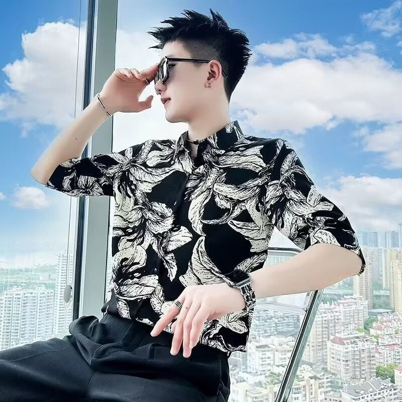 Printed Shirt Men’s High-grade Short-sleeved Summer Ins Ruoshuai - Black / M