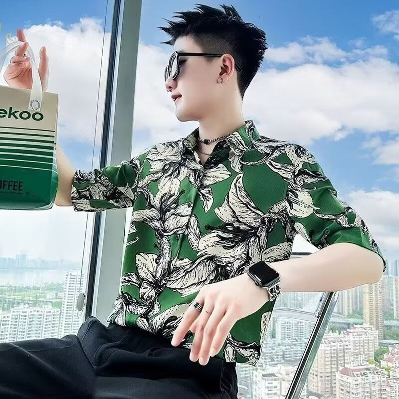 Printed Shirt Men’s High-grade Short-sleeved Summer Ins Ruoshuai - Green / M