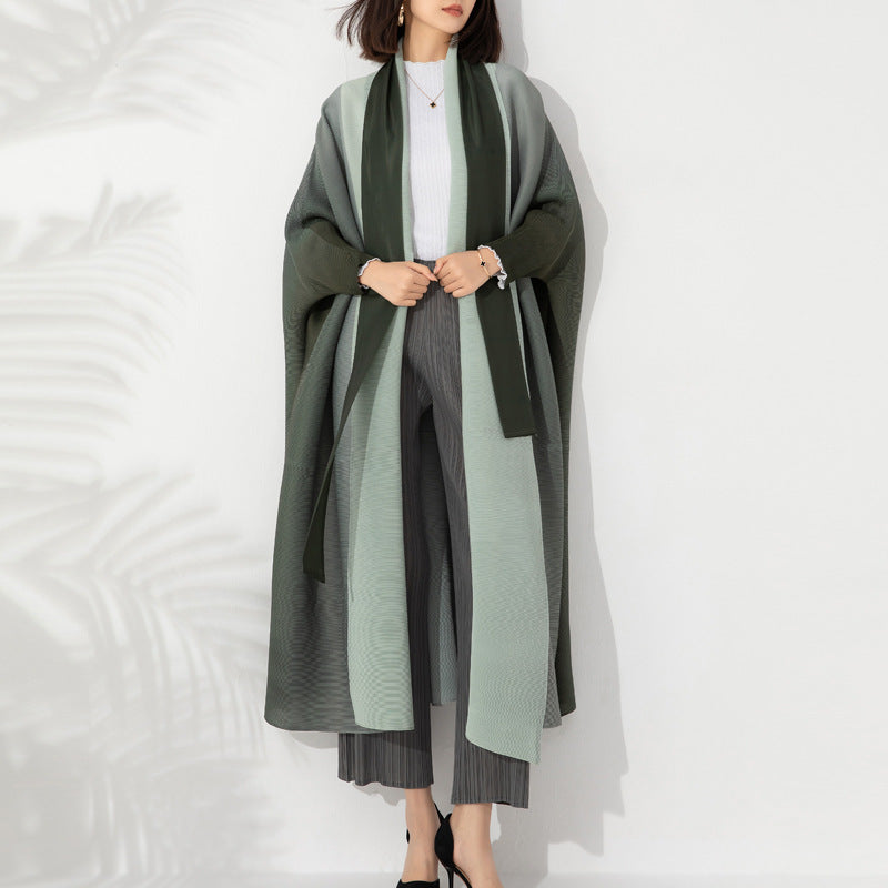 Sanzhai Shoulder Cloak Coat Pleated Loose Plus Size Scarf - Seaweed Green / Free Size