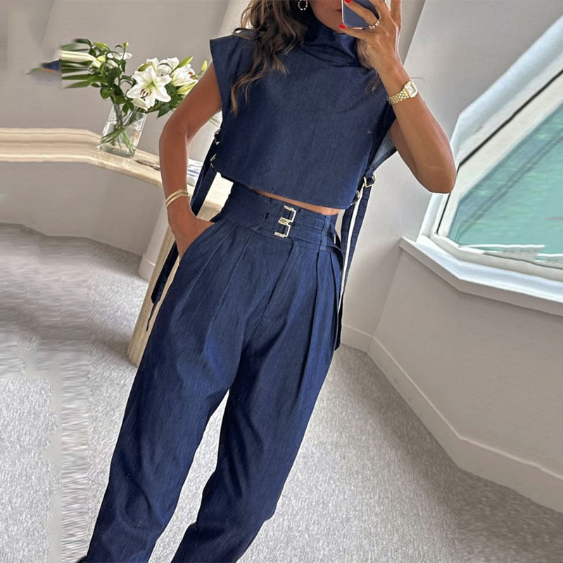 Casual Belt Decorative Turtleneck Short Sleeve And Long Pattern Suit - Blue / S