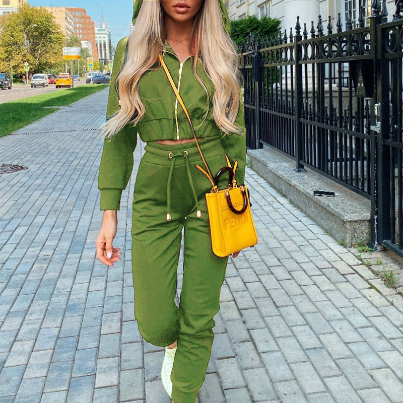 Fashion Long Sleeve Hooded Sports Suit Women - Green / S