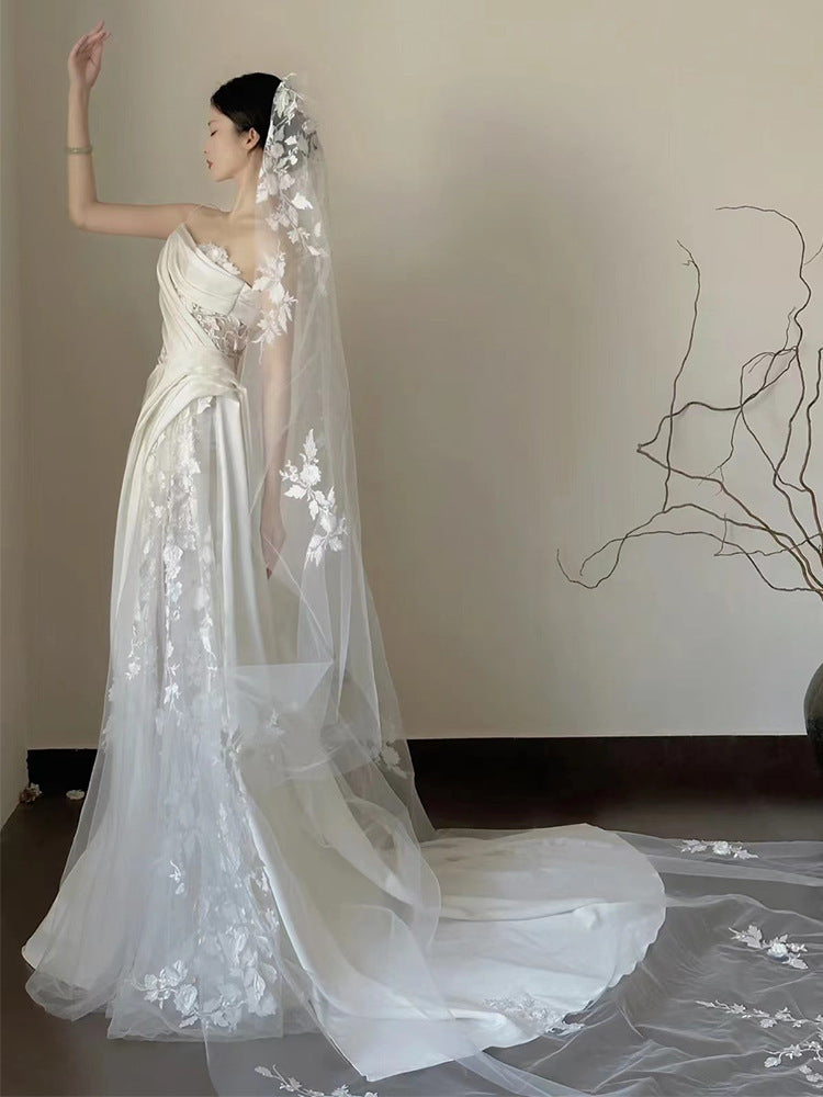 Satin Lace Wedding Veil Tube Top Fishtail Wedding Dress - White / XS