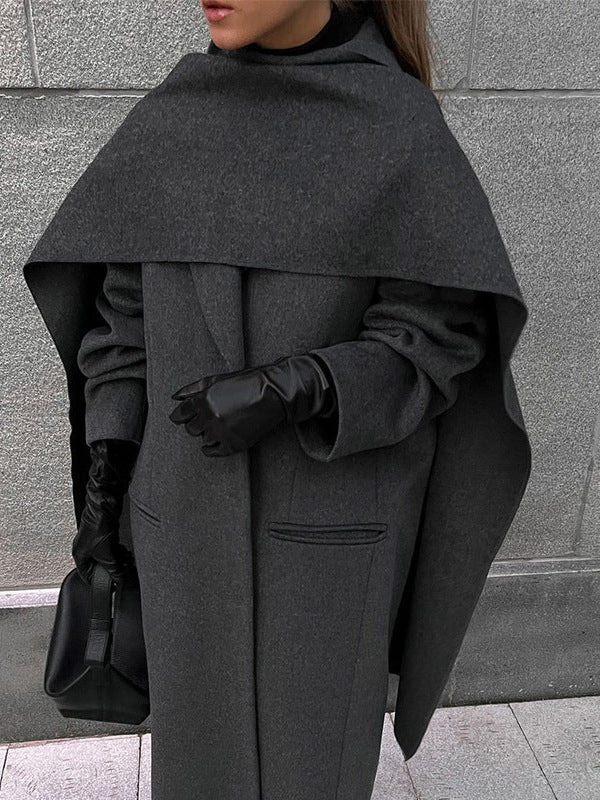 Arrival Of Scarf Collar Woolen Coat - Dark Gray / S