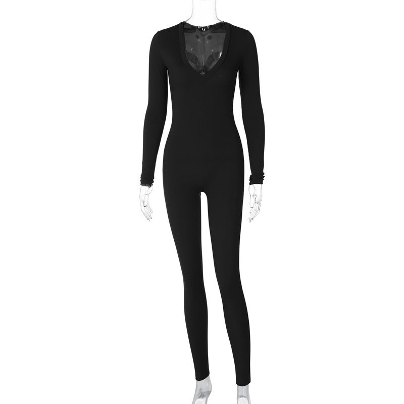 Solid Color Slim Fit Sports Long Sleeve Jumpsuit - Black / L