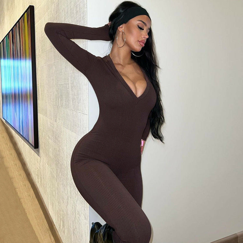 Solid Color Slim Fit Sports Long Sleeve Jumpsuit - Brown / L