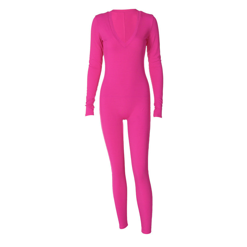Solid Color Slim Fit Sports Long Sleeve Jumpsuit - Rose red / L