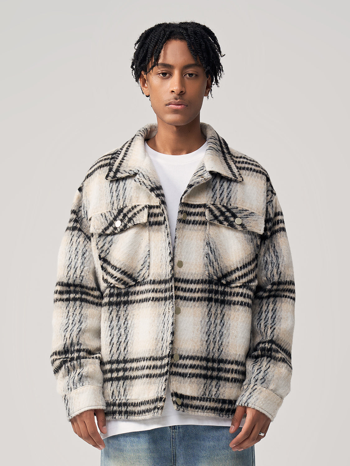 Sea Horse Hair Coarse Checked Shirt Jacket Loose Wool Clip Cotton - Black / S