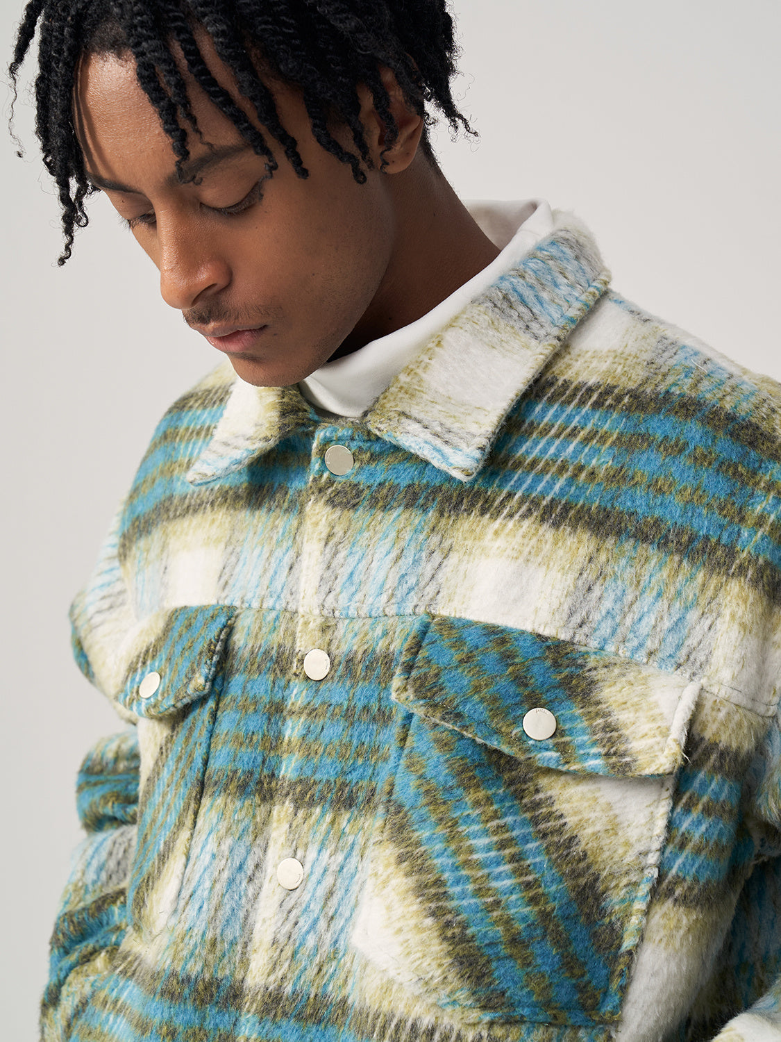 Sea Horse Hair Coarse Checked Shirt Jacket Loose Wool Clip Cotton