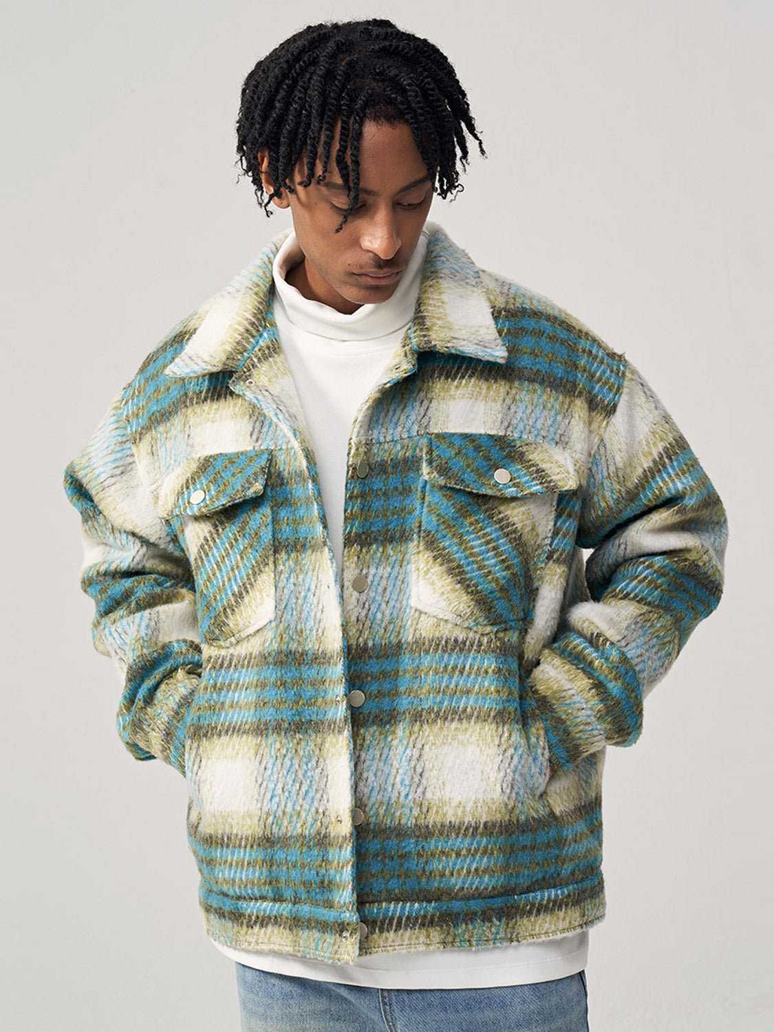 Sea Horse Hair Coarse Checked Shirt Jacket Loose Wool Clip Cotton - Green / S
