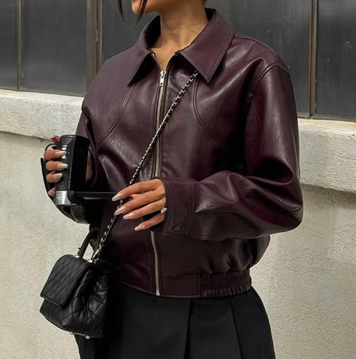 Long Sleeve Zipper Leather Lapel Baggy Coat - Wine Red / S
