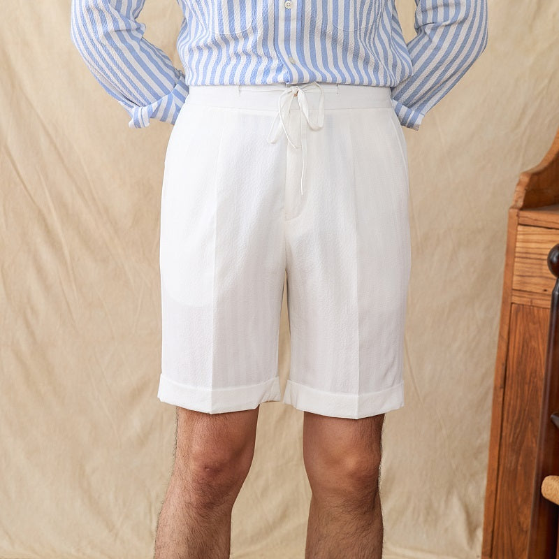 Youth Popularity Mid-high Waist Seersucker Elastic Waist Shorts - Beige / 29