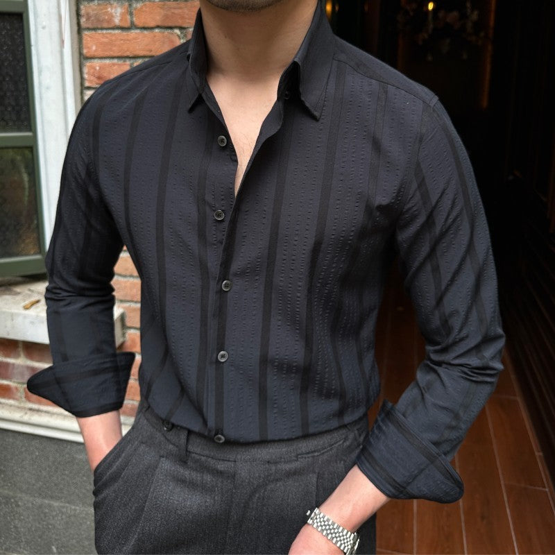 Breathable Seersucker Striped Long Sleeve Shirt - Black Stripes / 2XL
