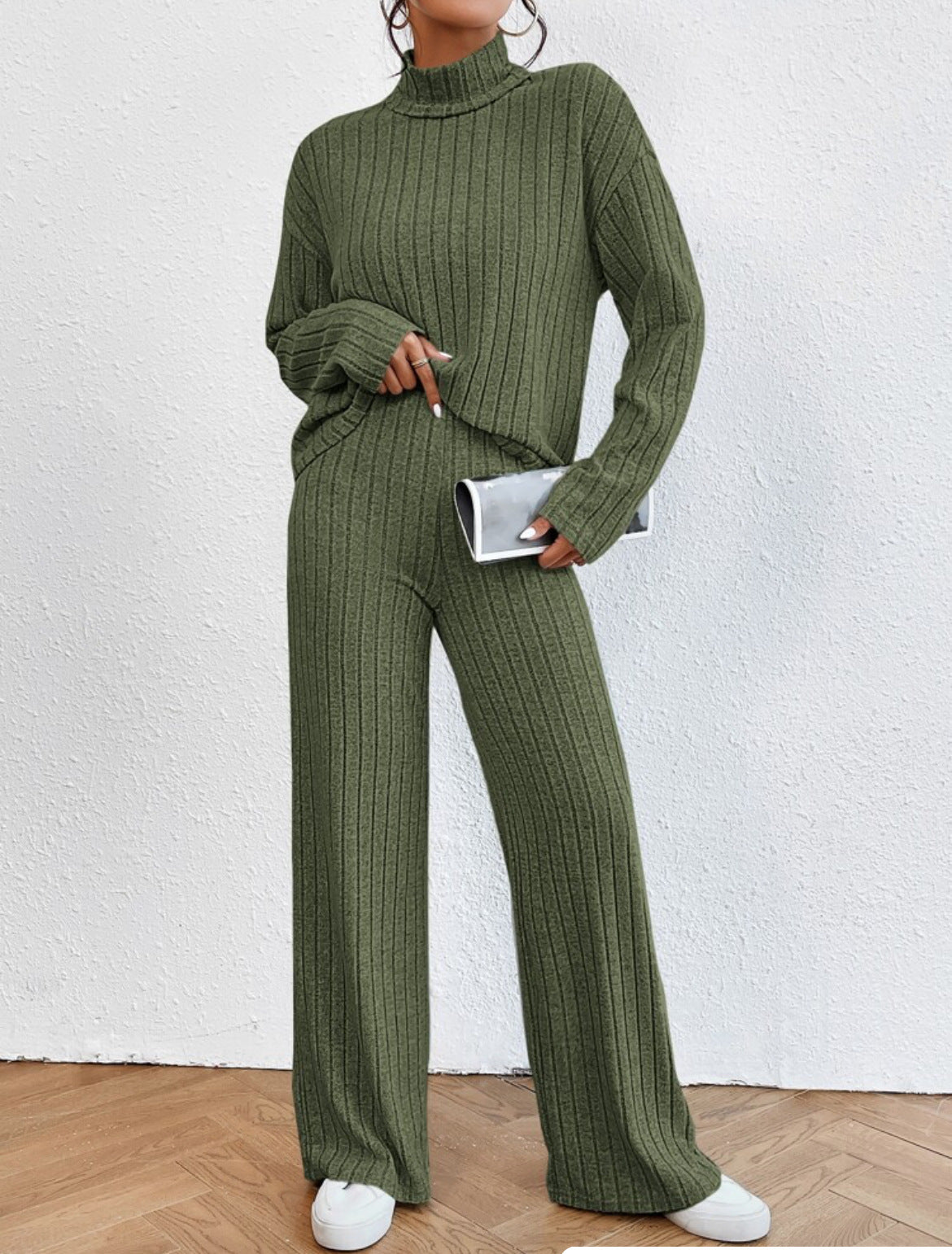 Turtleneck Long Sleeve Sunken Stripe Loose Wide Leg Pants Two-piece Set - Army Green / L