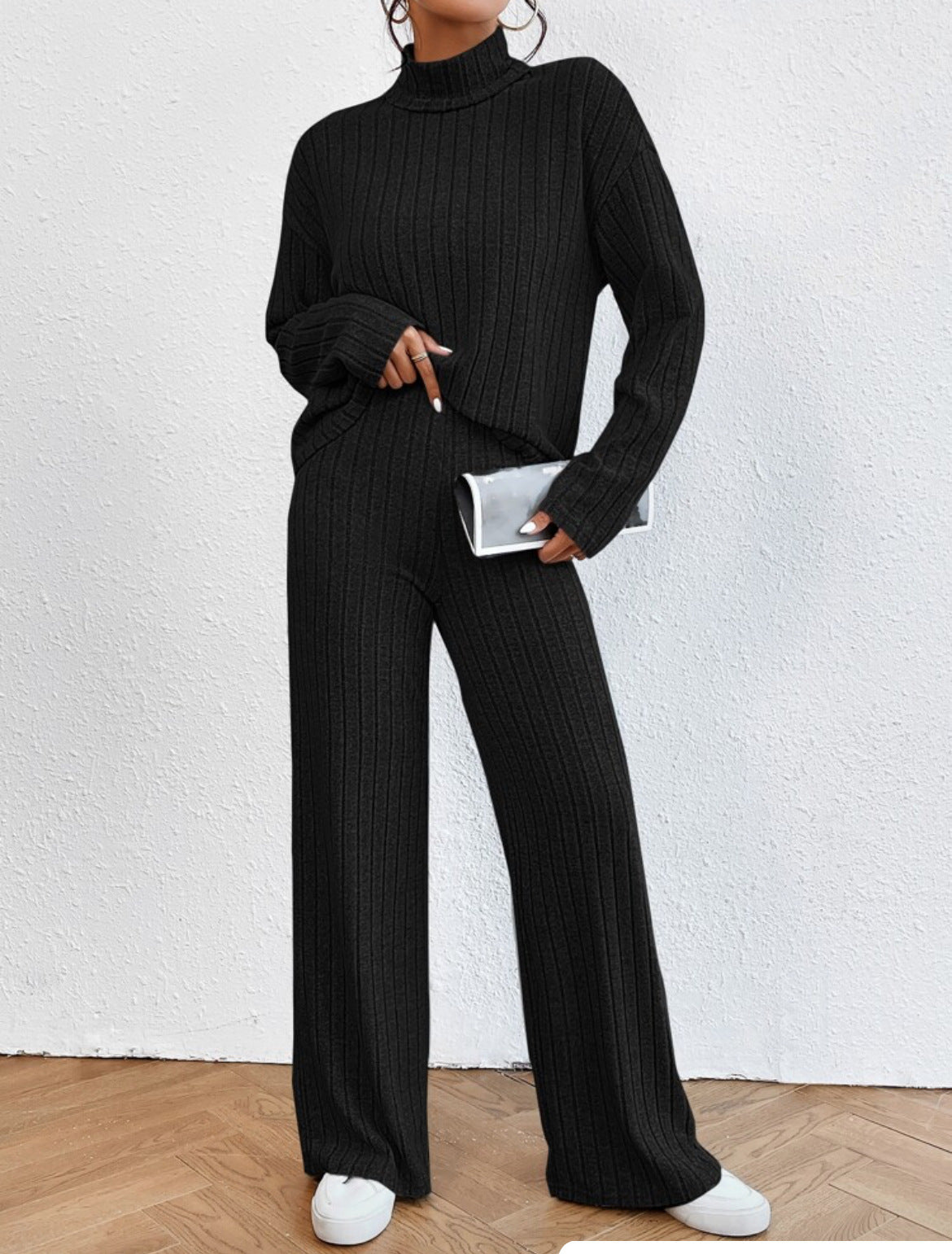 Turtleneck Long Sleeve Sunken Stripe Loose Wide Leg Pants Two-piece Set - Black / L