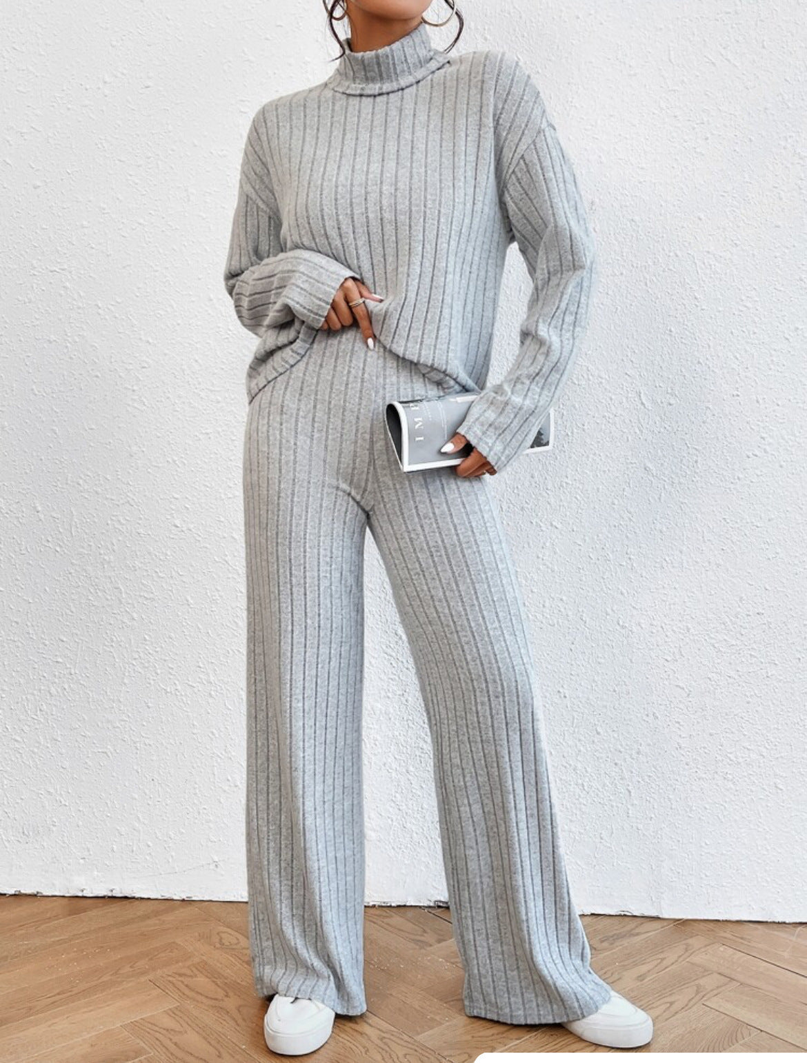 Turtleneck Long Sleeve Sunken Stripe Loose Wide Leg Pants Two-piece Set - Light Gray / L