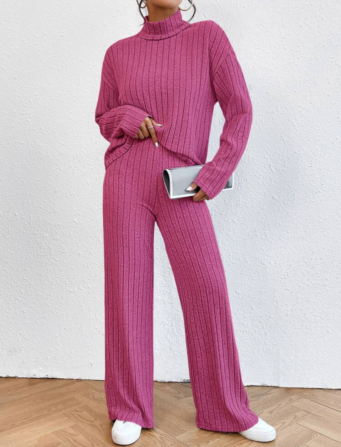Turtleneck Long Sleeve Sunken Stripe Loose Wide Leg Pants Two-piece Set - Rose Red / L