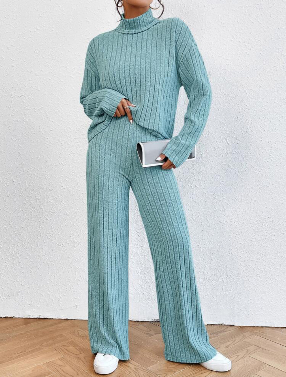 Turtleneck Long Sleeve Sunken Stripe Loose Wide Leg Pants Two-piece Set - Sky Blue / L