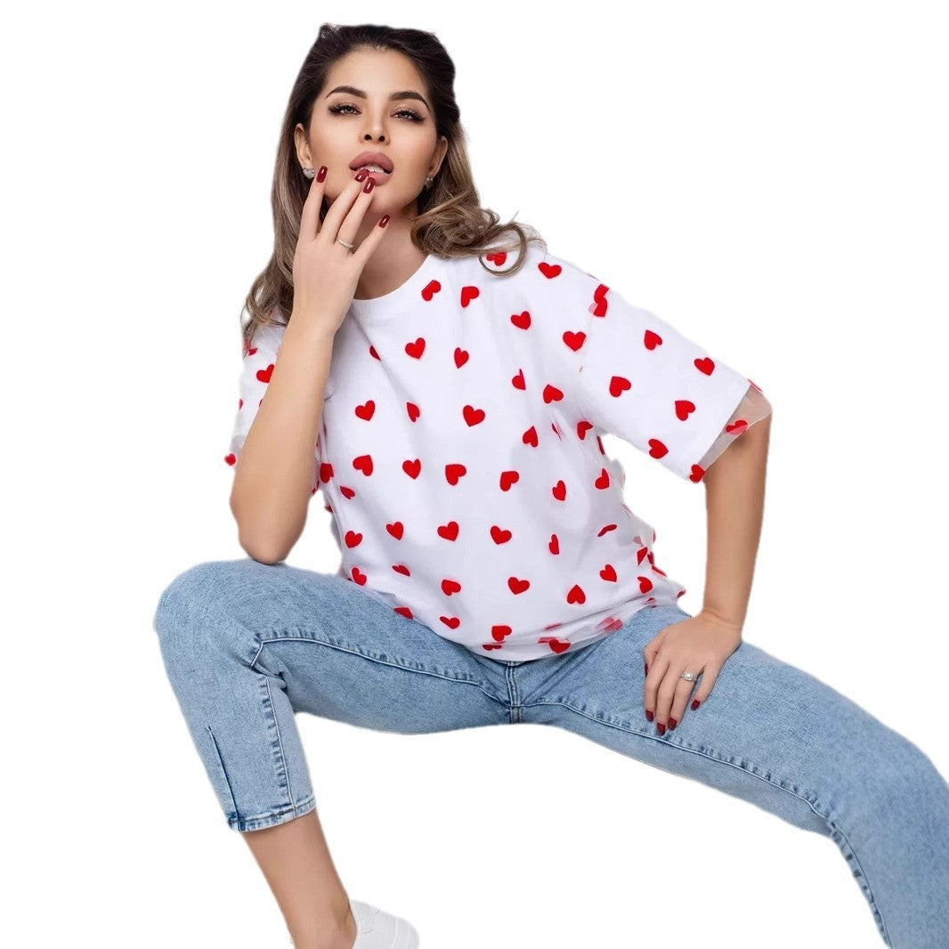 European And American Style Women’s Love Mesh Stitching Loose Basic Style Round Neck Short Sleeve T-shirt