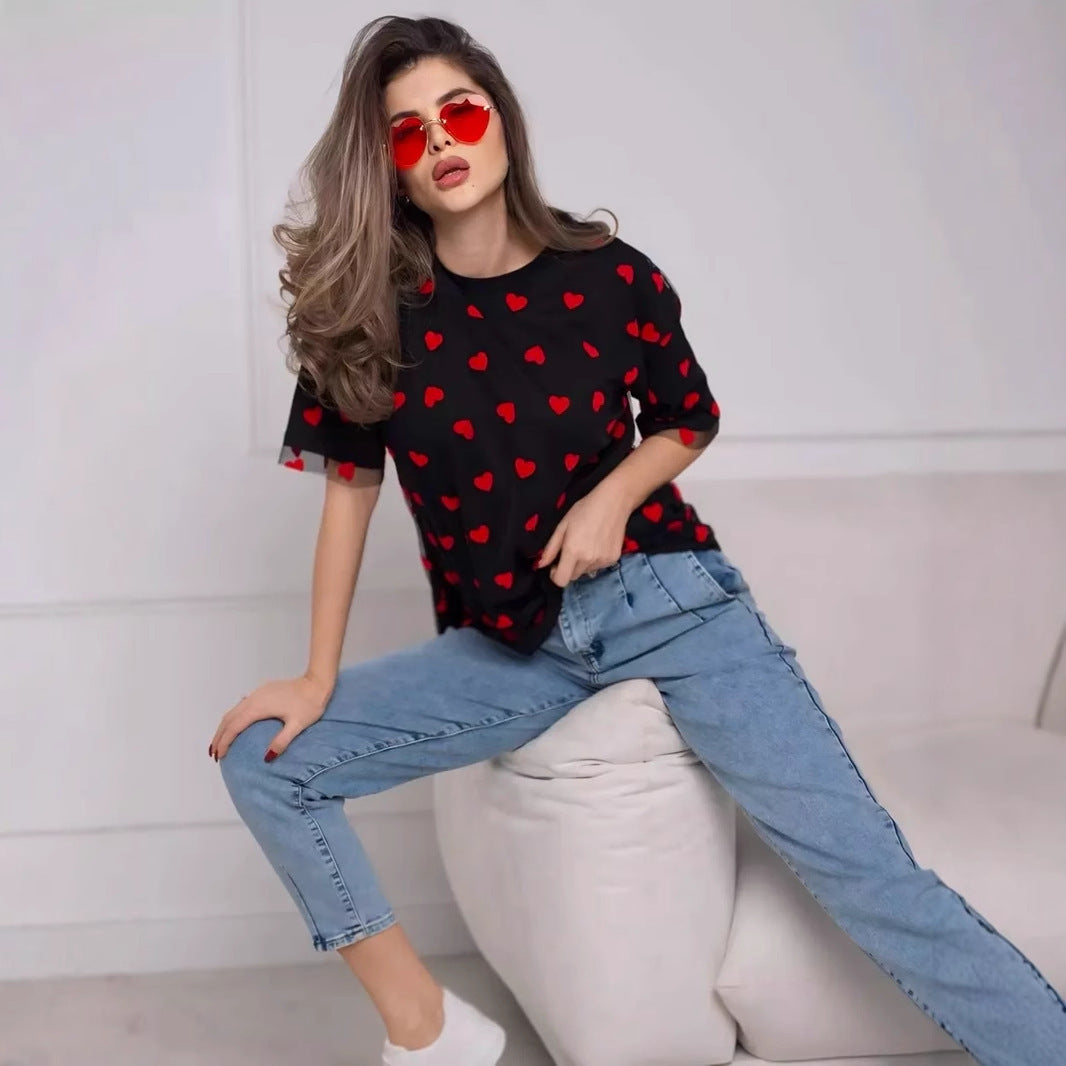 European And American Style Women’s Love Mesh Stitching Loose Basic Style Round Neck Short Sleeve T-shirt