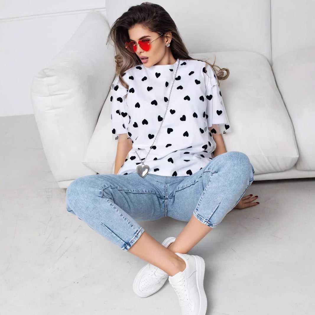 European And American Style Women’s Love Mesh Stitching Loose Basic Style Round Neck Short Sleeve T-shirt