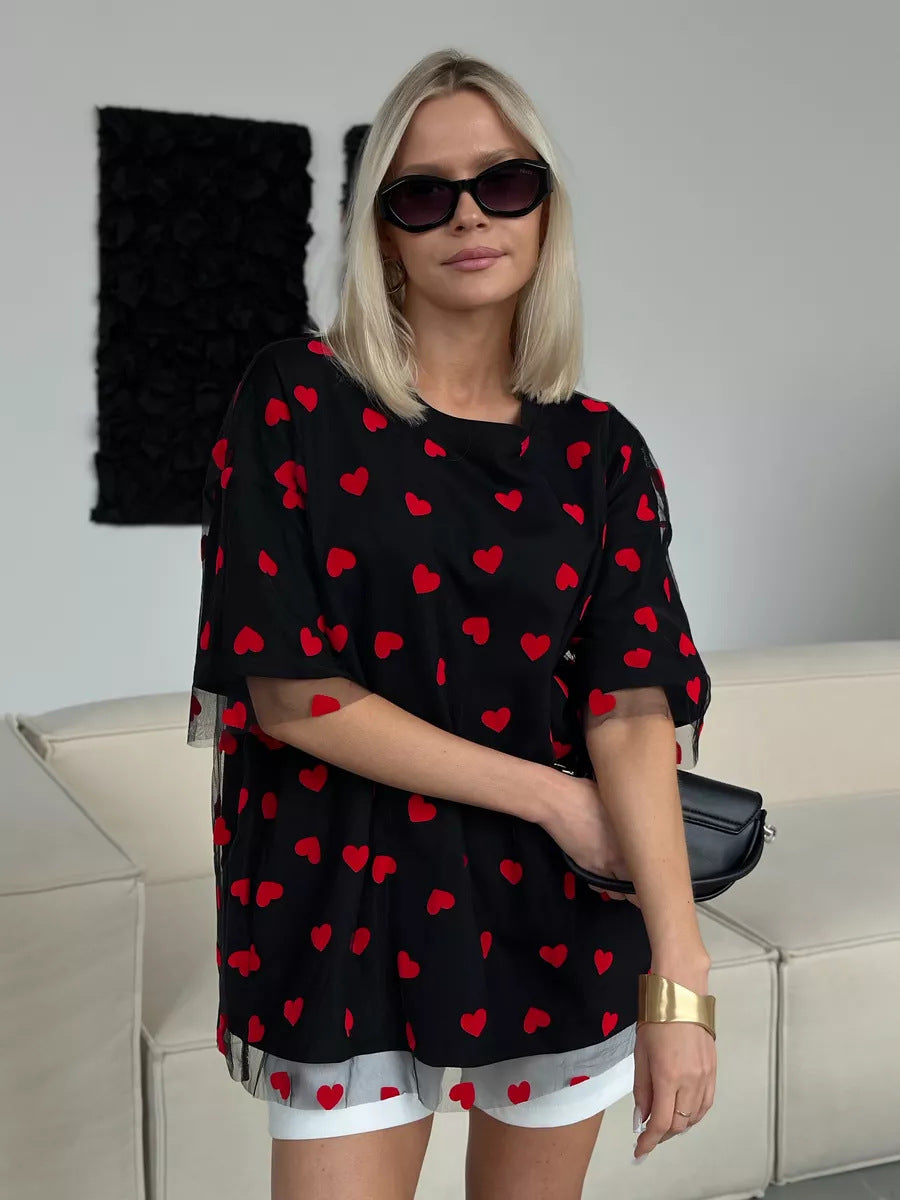 European And American Style Women’s Love Mesh Stitching Loose Basic Style Round Neck Short Sleeve T-shirt