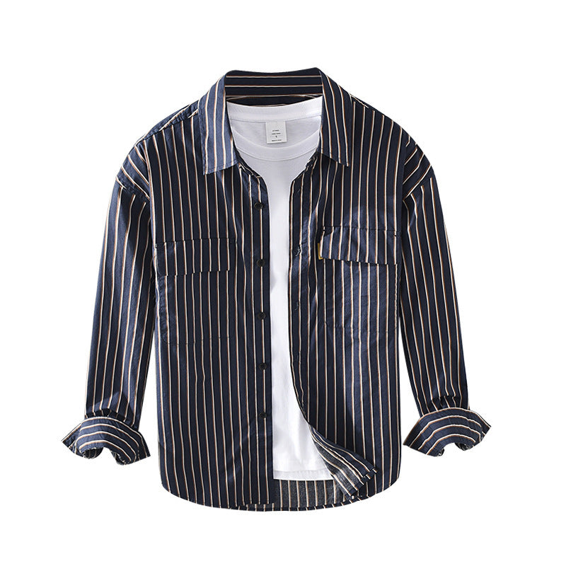 Oversized Loose Striped Square Neck Cotton Shirt - Blue / 2XL