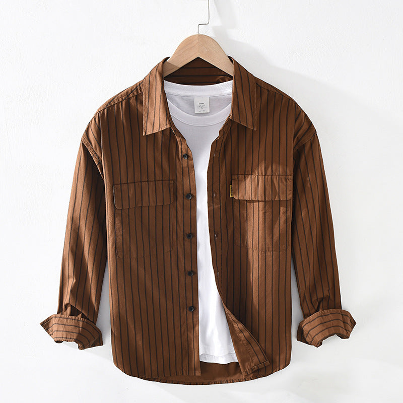 Oversized Loose Striped Square Neck Cotton Shirt - Coffee / M