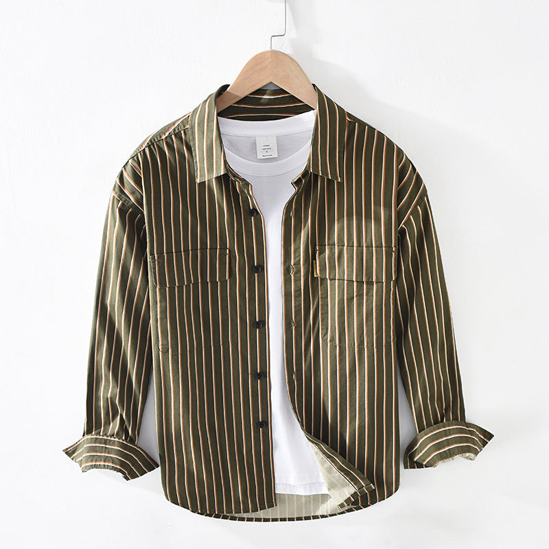 Oversized Loose Striped Square Neck Cotton Shirt - Green / M