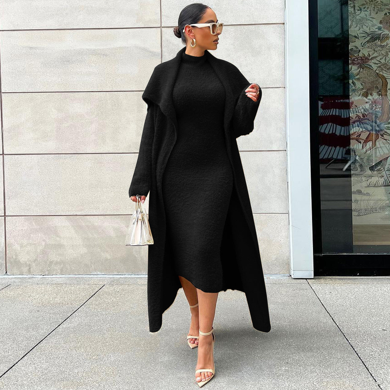 Autumn And Winter Elegant Dress Long Cardigan Velvet Two-piece Suit - Black / S