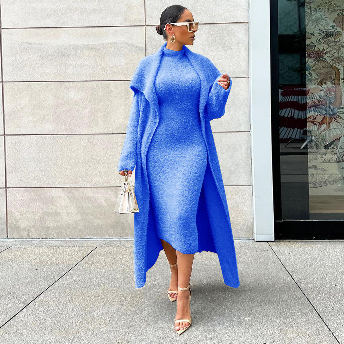 Autumn And Winter Elegant Dress Long Cardigan Velvet Two-piece Suit - Blue / S