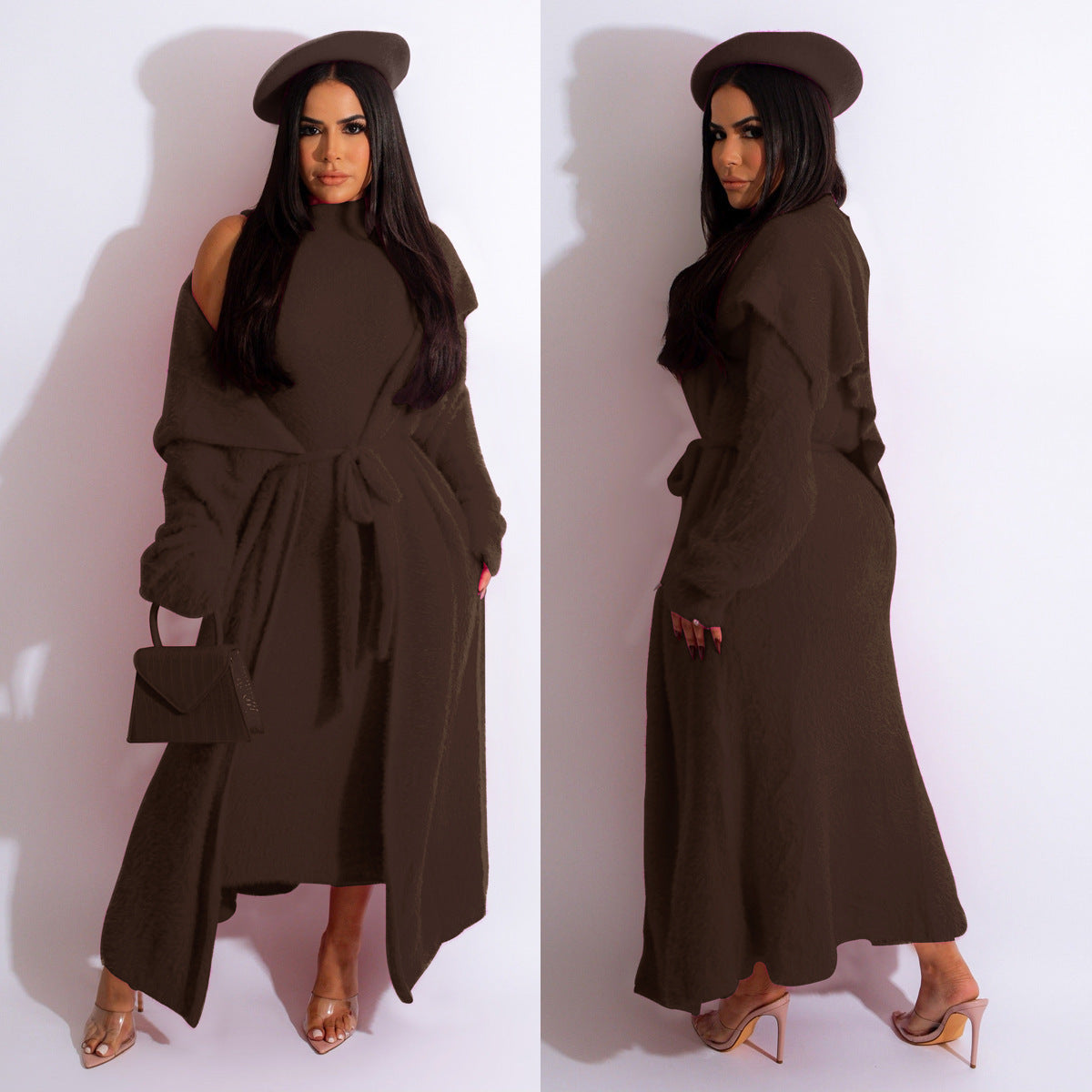 Autumn And Winter Elegant Dress Long Cardigan Velvet Two-piece Suit - Dark Coffee / S