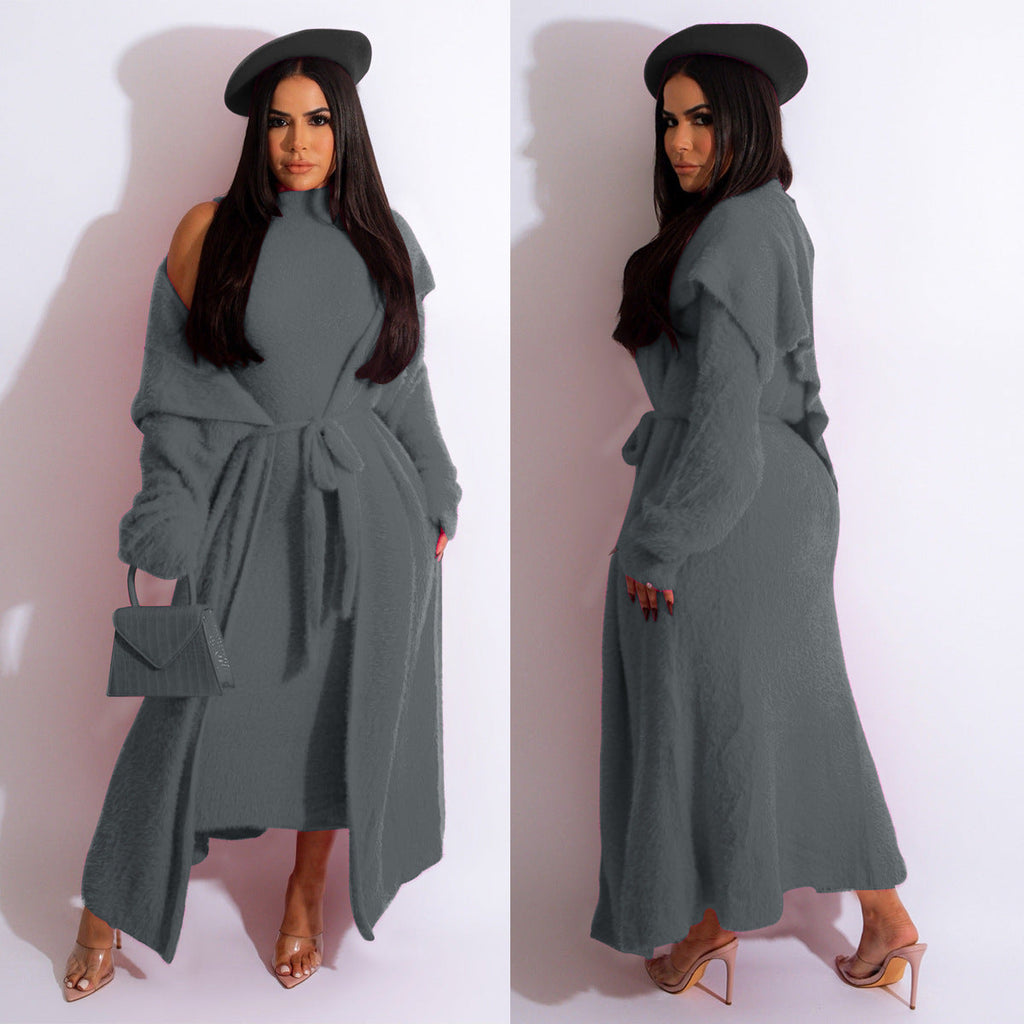Autumn And Winter Elegant Dress Long Cardigan Velvet Two-piece Suit - Dark Gray / S