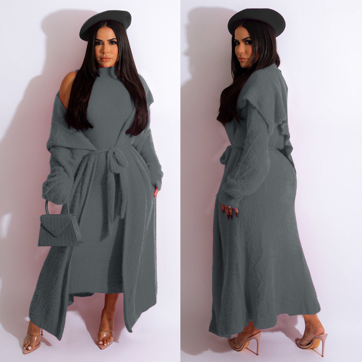 Autumn And Winter Elegant Dress Long Cardigan Velvet Two-piece Suit - Dark Gray / S