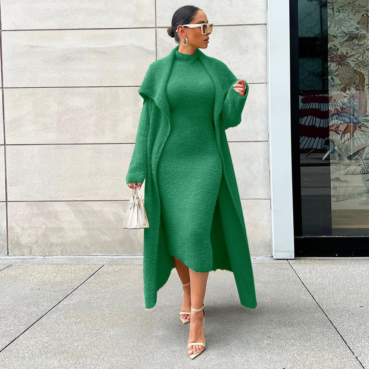 Autumn And Winter Elegant Dress Long Cardigan Velvet Two-piece Suit - Dark Green / S