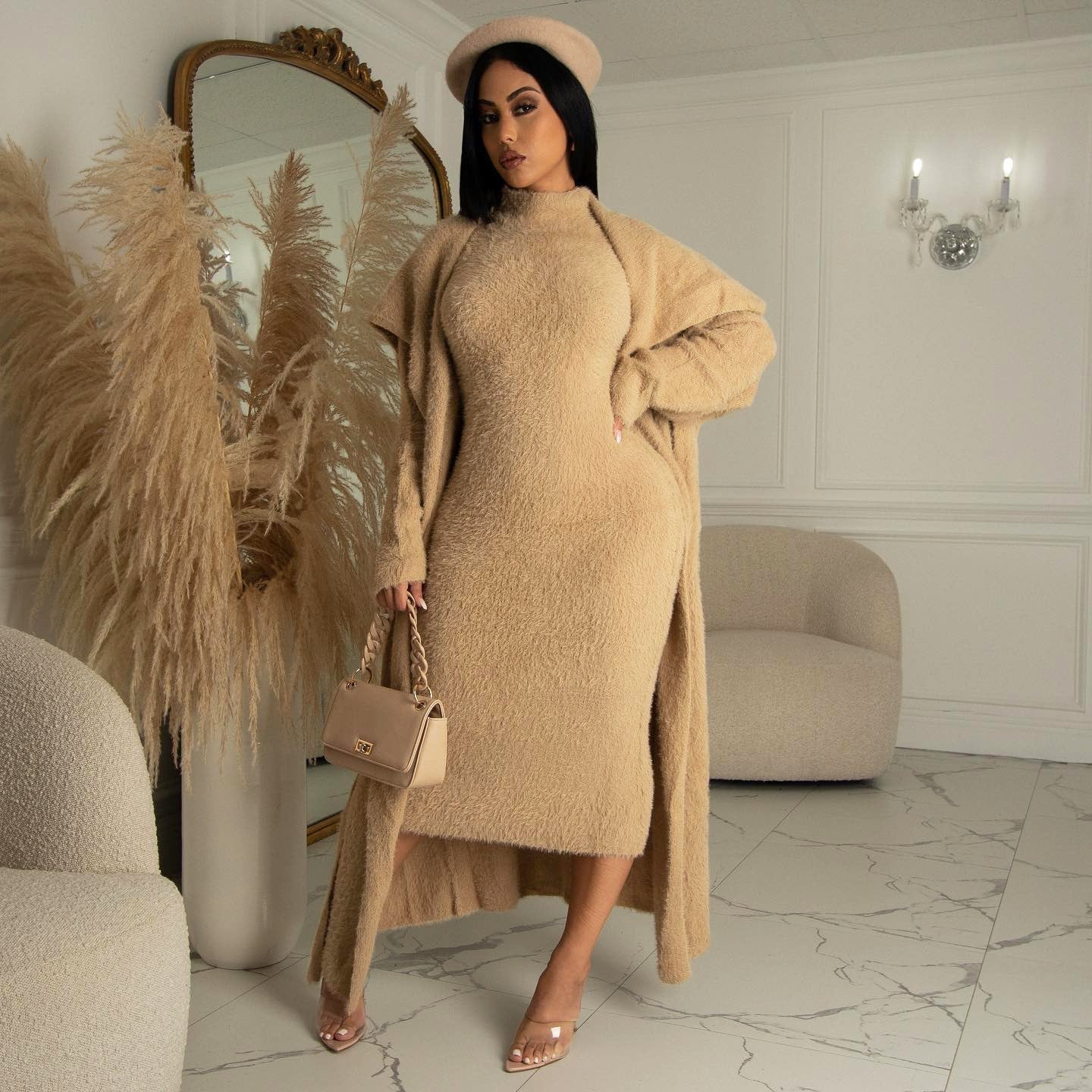 Autumn And Winter Elegant Dress Long Cardigan Velvet Two-piece Suit - Khaki / S