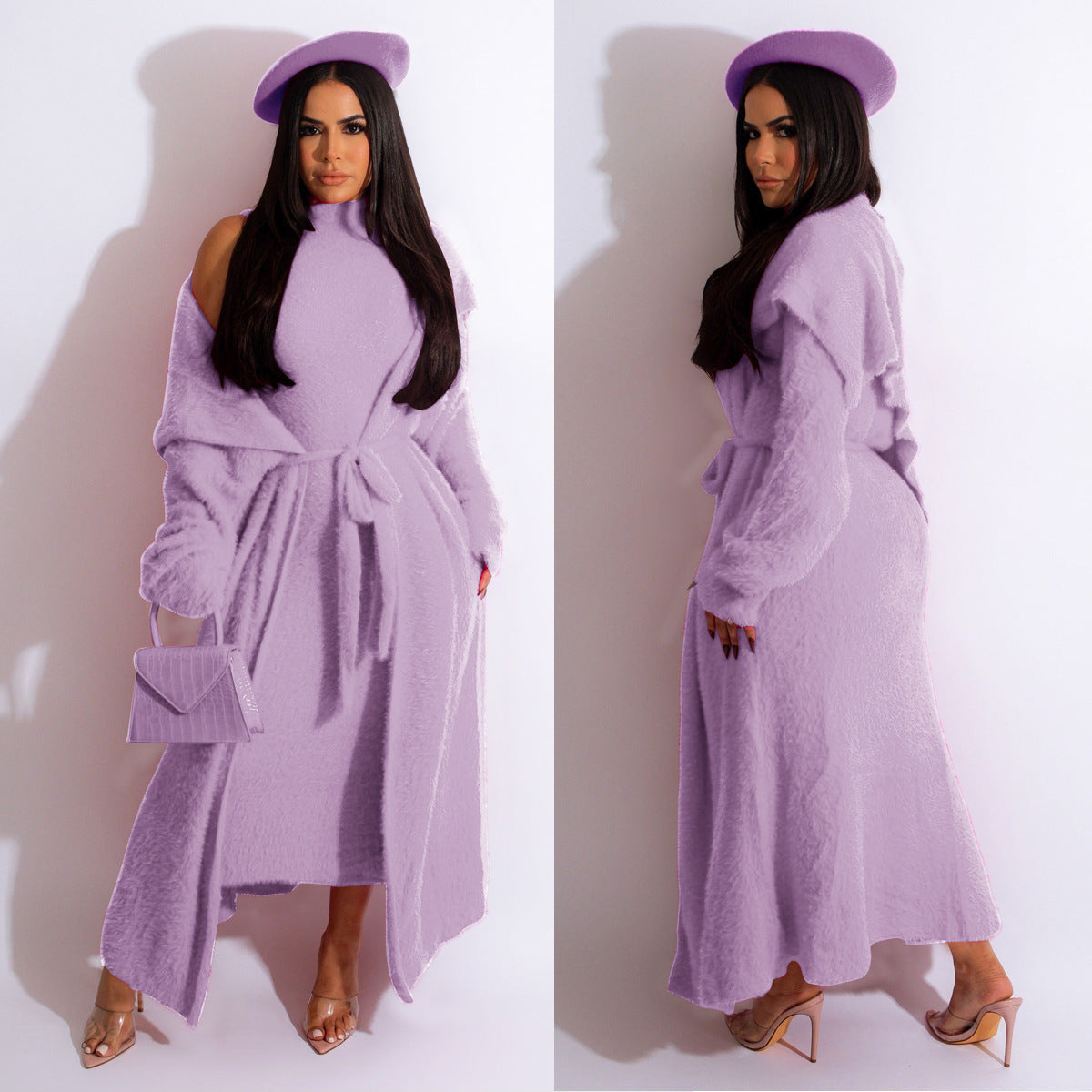 Autumn And Winter Elegant Dress Long Cardigan Velvet Two-piece Suit - Light Purple / S
