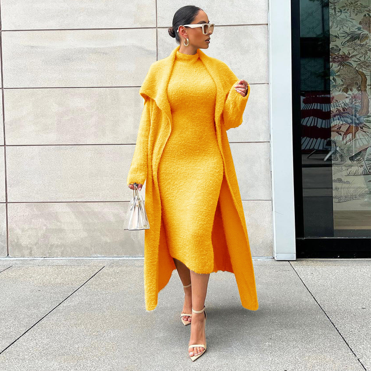 Autumn And Winter Elegant Dress Long Cardigan Velvet Two-piece Suit - Orange / S