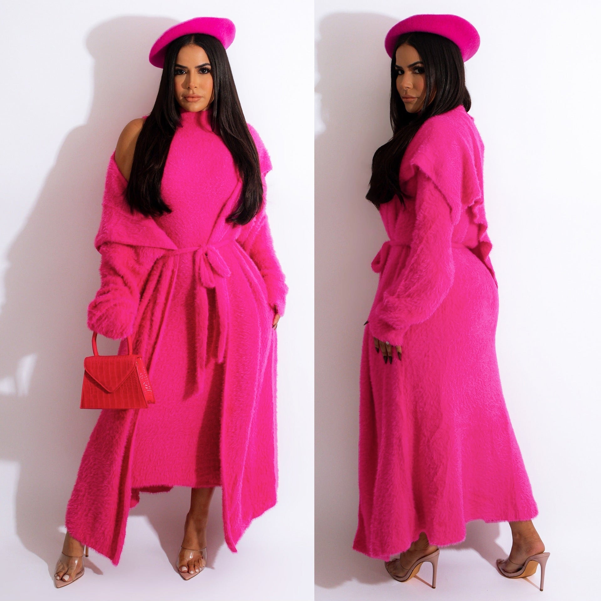 Autumn And Winter Elegant Dress Long Cardigan Velvet Two-piece Suit - Rose Red / S