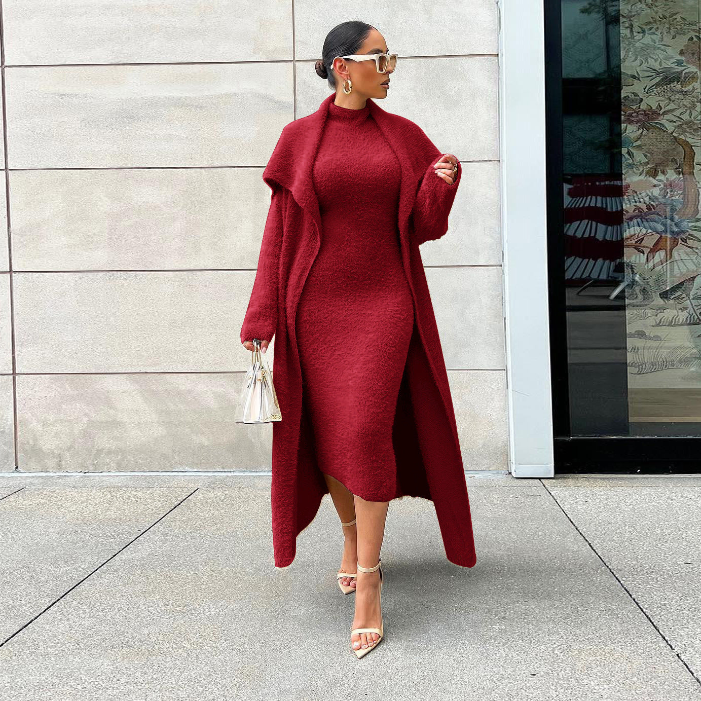 Autumn And Winter Elegant Dress Long Cardigan Velvet Two-piece Suit - Wine Red / S