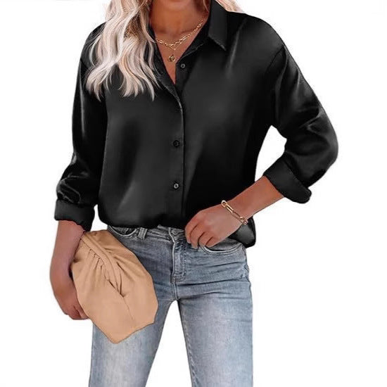 Women’s Satin Top Long Sleeve Button Shirt Autumn