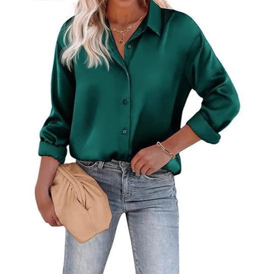 Women’s Satin Top Long Sleeve Button Shirt Autumn