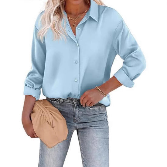 Women’s Satin Top Long Sleeve Button Shirt Autumn