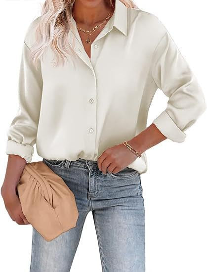 Women’s Satin Top Long Sleeve Button Shirt Autumn - Beige / S