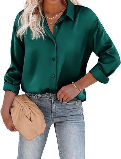 Women’s Satin Top Long Sleeve Button Shirt Autumn - Dark Green / S