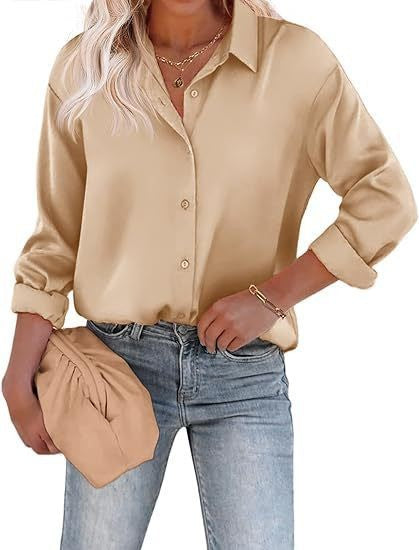 Women’s Satin Top Long Sleeve Button Shirt Autumn - Khaki / S