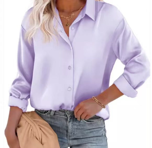 Women’s Satin Top Long Sleeve Button Shirt Autumn - Lavender Purple / S