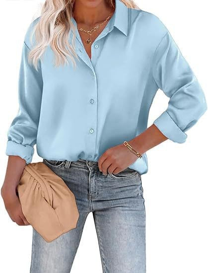 Women’s Satin Top Long Sleeve Button Shirt Autumn - Light Blue / S
