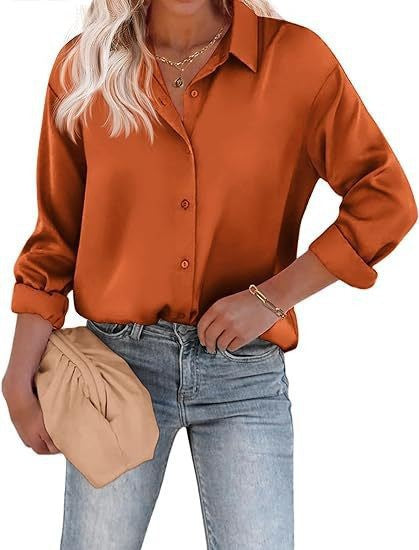 Women’s Satin Top Long Sleeve Button Shirt Autumn - Light Brown / S