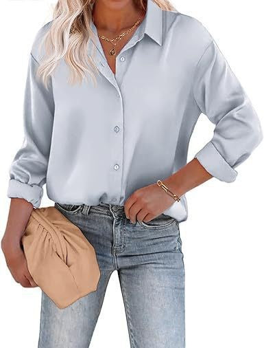Women’s Satin Top Long Sleeve Button Shirt Autumn - Light Gray / S