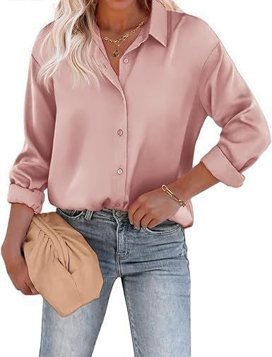 Women’s Satin Top Long Sleeve Button Shirt Autumn - Lotus Root Color / S
